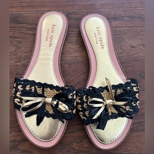 Kate Spade Blk/Natural/Pink Flat Raffia Slides w/Bow